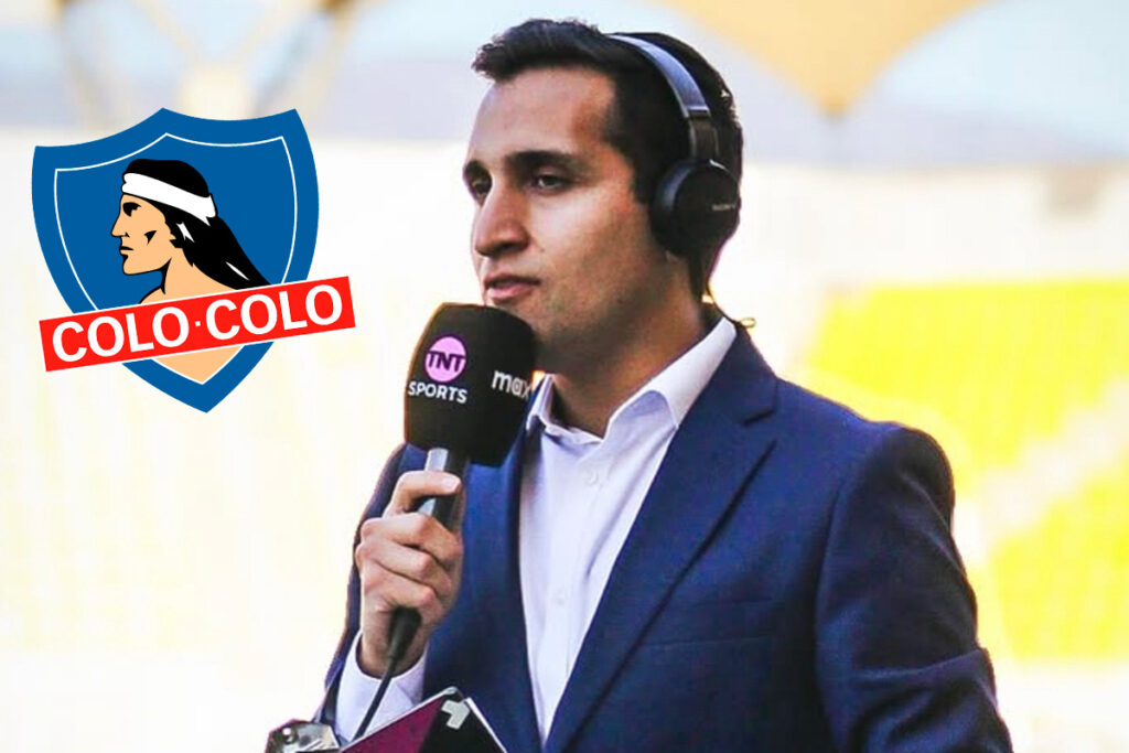 Primer plano de Daniel Arrieta informando junto al escudo de Colo-Colo.