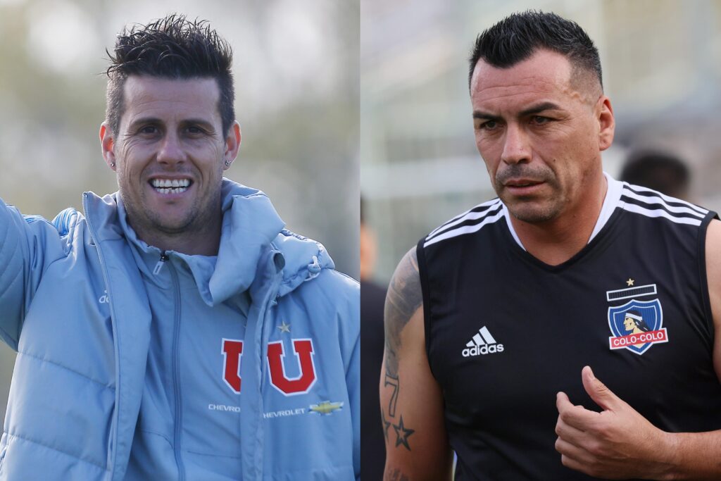 Esteban Paredes y Diego Rivarola con camiseta de Universidad de Chile y Colo-Colo.