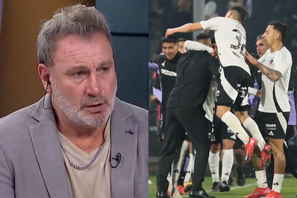 Primer plano de Marcelo Barticciotto y jugadores de Colo-Colo abrazando a Jorge Almirón.