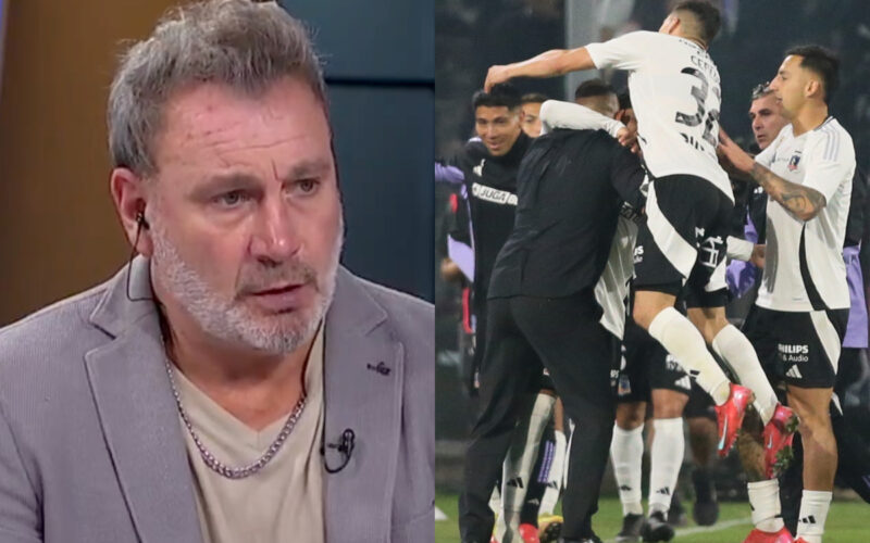 Primer plano de Marcelo Barticciotto y jugadores de Colo-Colo abrazando a Jorge Almirón.