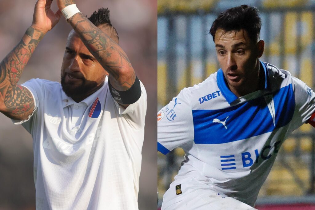 Fernando Zampedri vs Arturo Vidal con la camiseta de Universidad Católica y Colo-Colo, respectivamente.