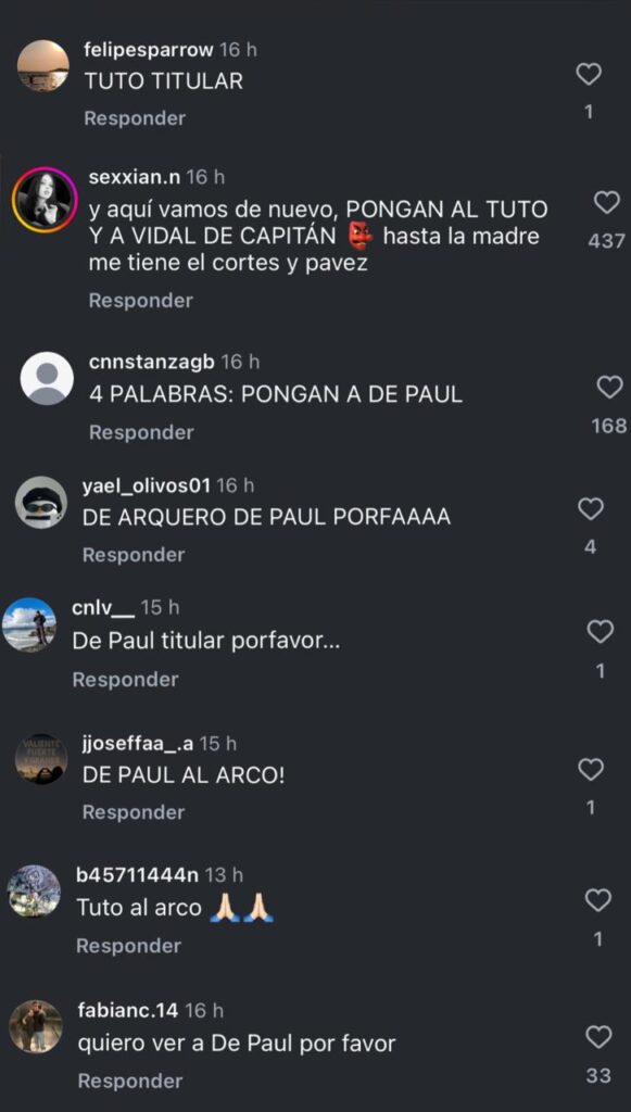 Comentarios de Hinchas en el Instagram de Colo-Colo donde piden a Fernando de Paul como titular.