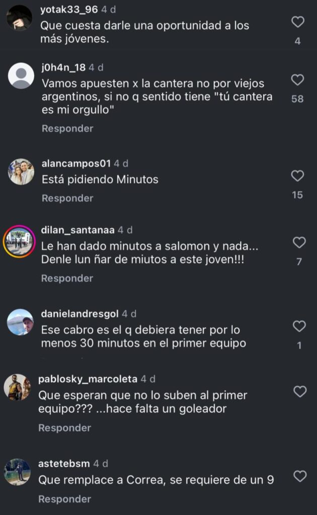 Comentarios de hinchas de Colo-Colo en Instagram pidiendo minutos para Yastin Cuevas.