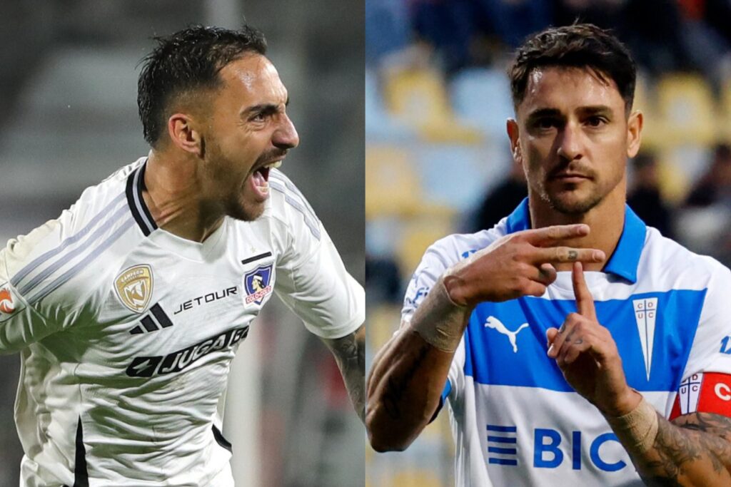 Javier Correa y Fernando Zampedri con camisetas de Colo-Colo y Universidad Católica.