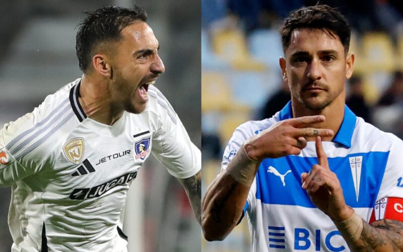 Javier Correa y Fernando Zampedri con camisetas de Colo-Colo y Universidad Católica.