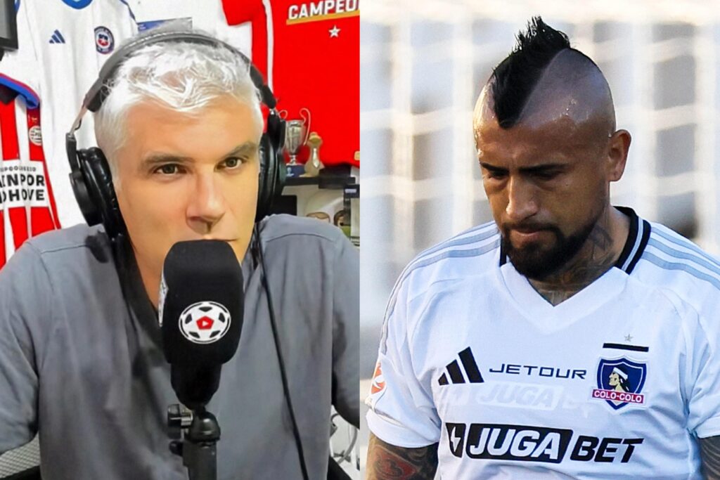 Primer plano a Manuel de Tezanos y Arturo Vidal con camiseta de Colo-Colo.