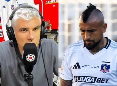 Primer plano a Manuel de Tezanos y Arturo Vidal con camiseta de Colo-Colo.