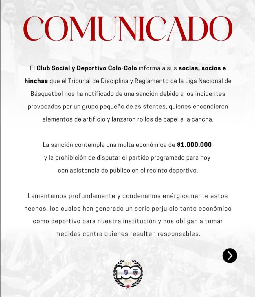 Club Social y Deportivo Colo-Colo confirma castigo para el plantel de Básquetbol.
