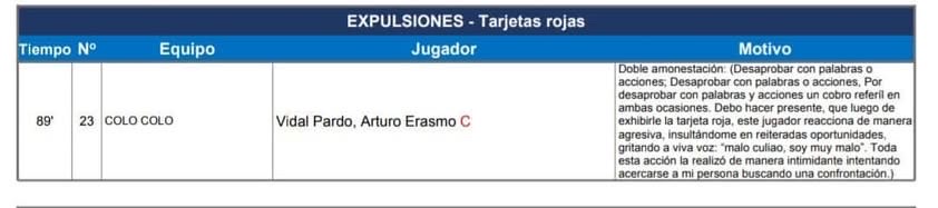 Informe árbitro Véjar que expone a Vidal.