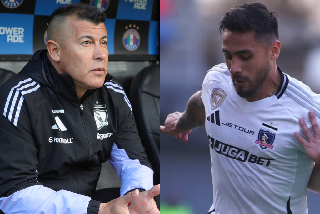 Primer plano de Jorge Almirón y Marcos Bolados con indumentaria de Colo-Colo.