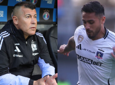 Primer plano de Jorge Almirón y Marcos Bolados con indumentaria de Colo-Colo.