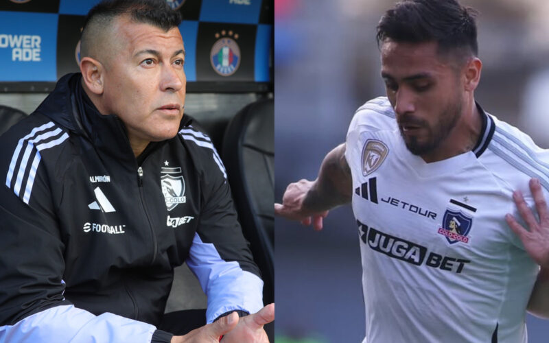 Primer plano de Jorge Almirón y Marcos Bolados con indumentaria de Colo-Colo.