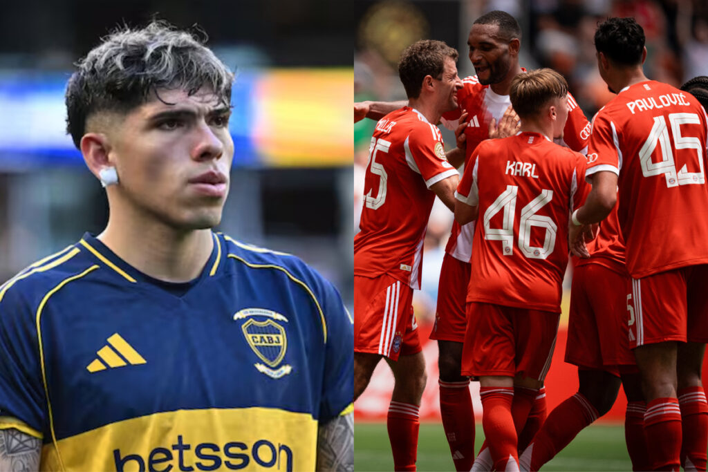 Primer plano de Carlos Palacios con camiseta de boca Juniors, junto a los jugadores del Bayern Múnich abrazados celebrando un gol.