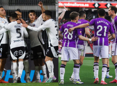 Jugadores de Colo-Colo y Real Valladolid abrazados.