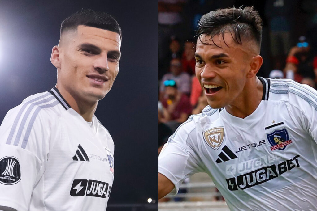 Primer plano de Lucas Cepeda y Vicente Pizarro con la camiseta de Colo-Colo.