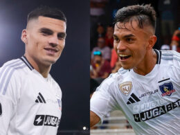Primer plano de Lucas Cepeda y Vicente Pizarro con la camiseta de Colo-Colo.