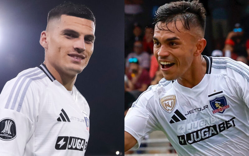 Primer plano de Lucas Cepeda y Vicente Pizarro con la camiseta de Colo-Colo.