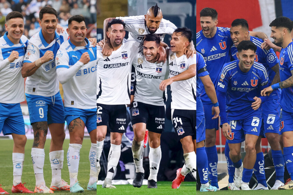 Jugadores de Universidad Católica, Colo-Colo y Universidad de Chile celebrando un gol.