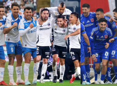 Jugadores de Universidad Católica, Colo-Colo y Universidad de Chile celebrando un gol.