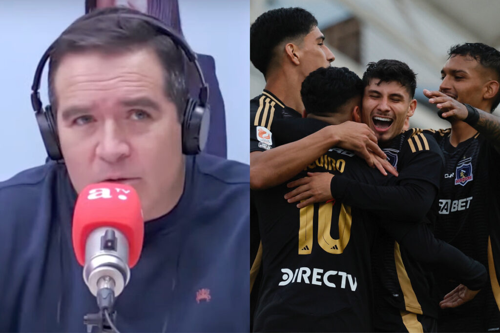 Primer plano de Cristián Caamaño y jugadores de Colo-Colo abrazados celebrando un gol.