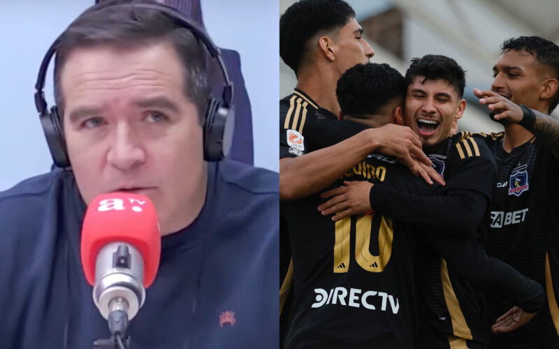 Primer plano de Cristián Caamaño y jugadores de Colo-Colo abrazados celebrando un gol.