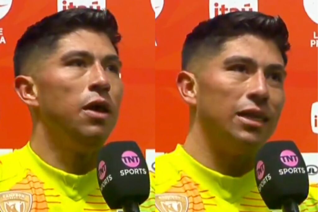 Brayan Cortés con camiseta de Colo-Colo, mientras emite declaraciones con TNT Sports.
