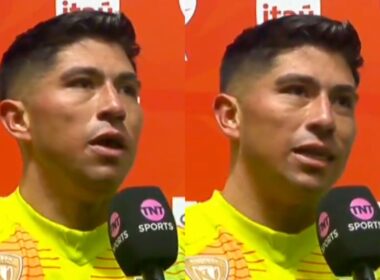 Brayan Cortés con camiseta de Colo-Colo, mientras emite declaraciones con TNT Sports.
