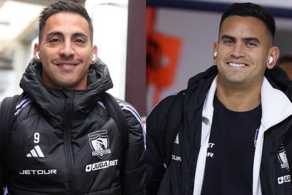 Los jugadores de Colo-Colo Javier Correa y Sebastián Vegas en su llegada al estadio.