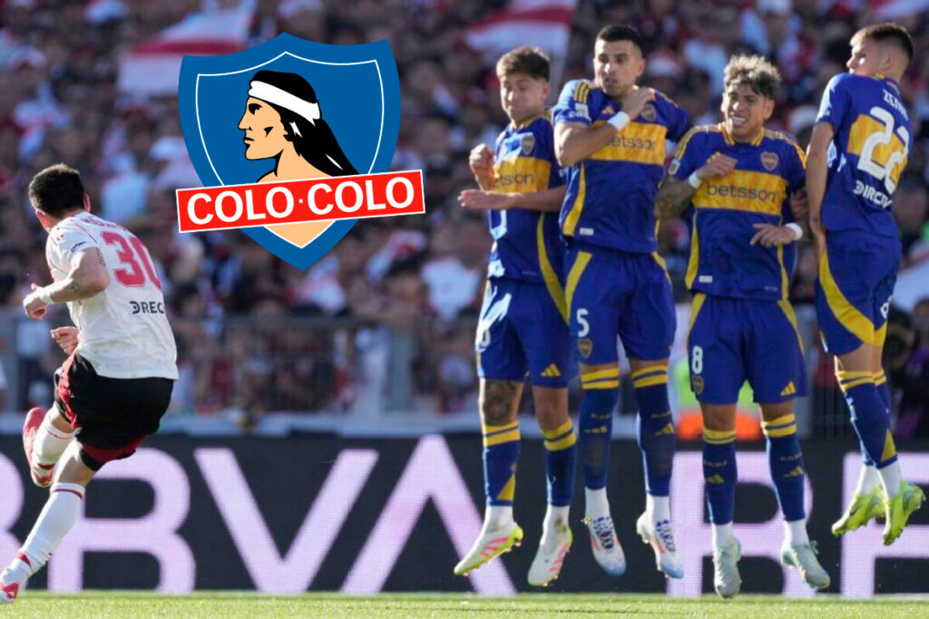 Jugadores de Boca Juniors saltando durante un tiro libre de River Plate, juntos al escudo de Colo-Colo.