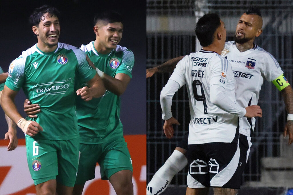 Jugadores de Audax Italiano y Colo-Colo festejando un gol.