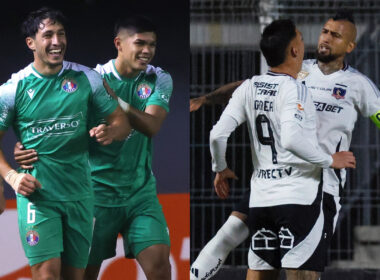 Jugadores de Audax Italiano y Colo-Colo festejando un gol.