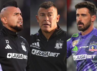 Primer plano de Arturo Vidal, Jorge Almirón y Fernando de Paul.