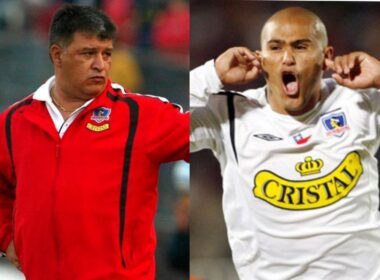 Primer plano de Claudio Borghi y Humberto Suazo con indumentaria de Colo-Colo.