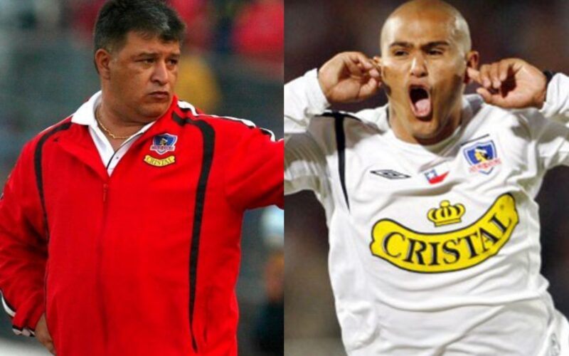 Primer plano de Claudio Borghi y Humberto Suazo con indumentaria de Colo-Colo.