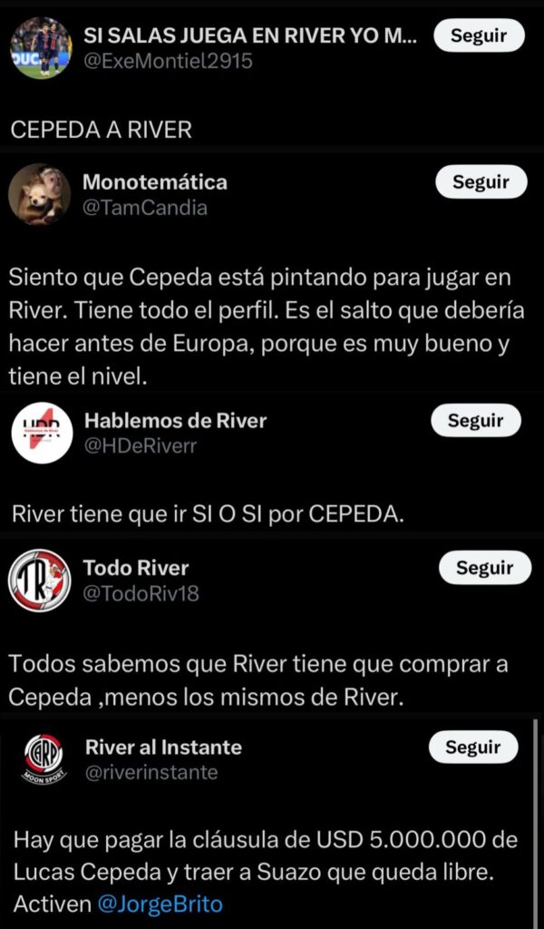 Hinchas de River Plate exigen el fichaje de Lucas Cepeda.