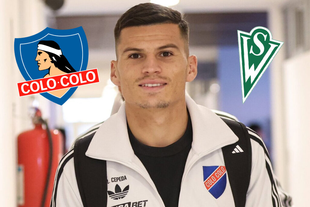 Primer plano de Lucas Cepeda junto a los escudos de Colo-Colo y Santiago Wanderers.