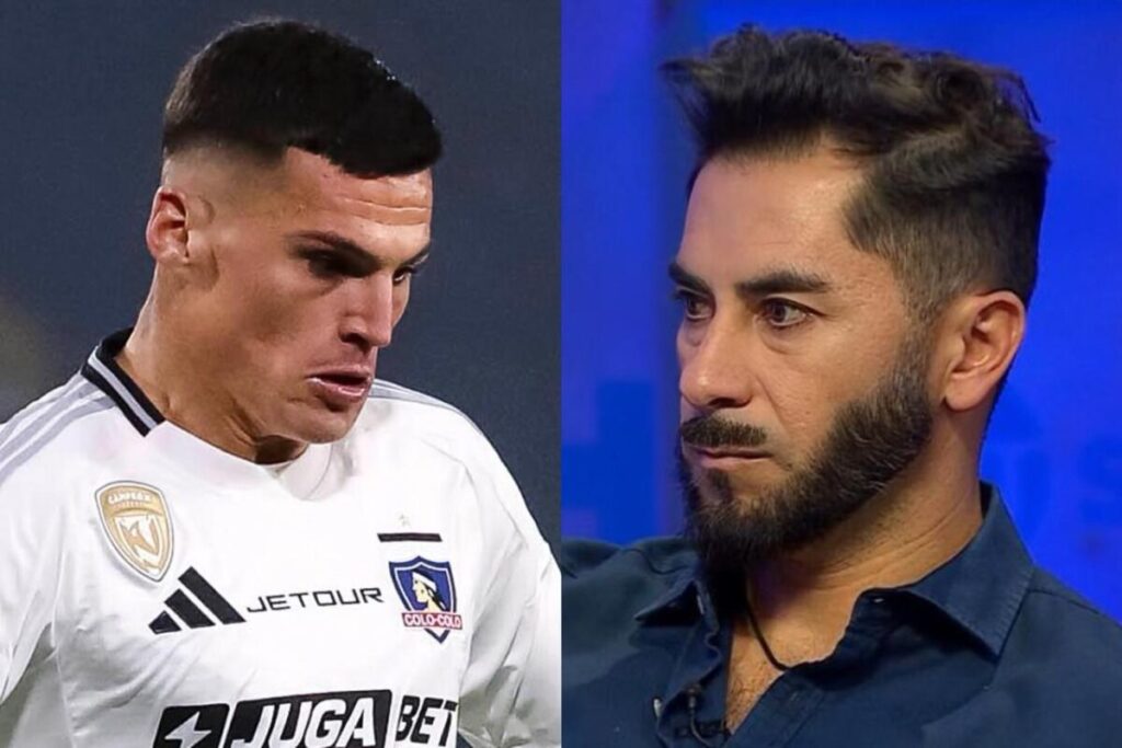 Primer plano a Lucas Cepeda y Johnny Herrera con camiseta de Colo-Colo y en TNT Sports.