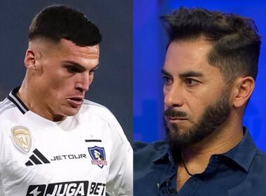 Primer plano a Lucas Cepeda y Johnny Herrera con camiseta de Colo-Colo y en TNT Sports.