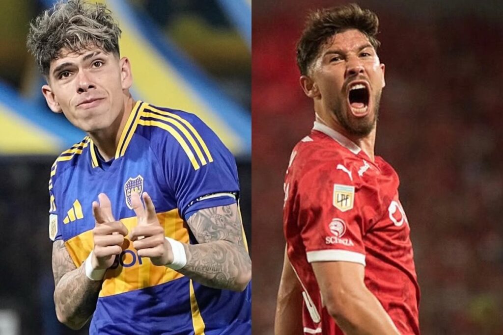 Carlos Palacios y Felipe Loyola celebrando por Boca Juniores e Independiente, respectivamente.