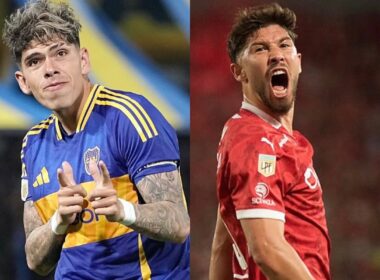 Carlos Palacios y Felipe Loyola celebrando por Boca Juniores e Independiente, respectivamente.