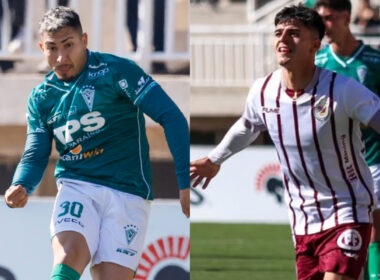 Primer plano de Ethan Espinoza como camiseta de Santiago Wanderers, y de Matías Pinto con la de Deportes La Serena