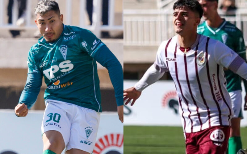 Primer plano de Ethan Espinoza como camiseta de Santiago Wanderers, y de Matías Pinto con la de Deportes La Serena