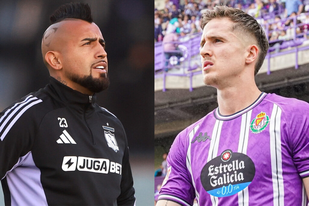 Primer plano de Arturo Vidal con indumentaria de Colo-Colo, y Tamás Nikitscher con camiseta del Real Valladolid.