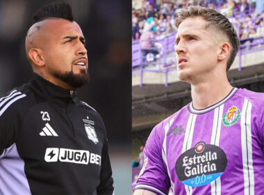 Primer plano de Arturo Vidal con indumentaria de Colo-Colo, y Tamás Nikitscher con camiseta del Real Valladolid.