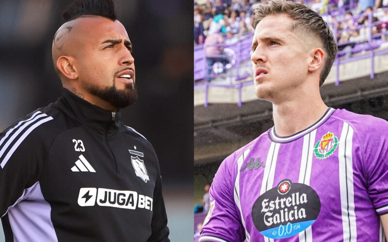 Primer plano de Arturo Vidal con indumentaria de Colo-Colo, y Tamás Nikitscher con camiseta del Real Valladolid.