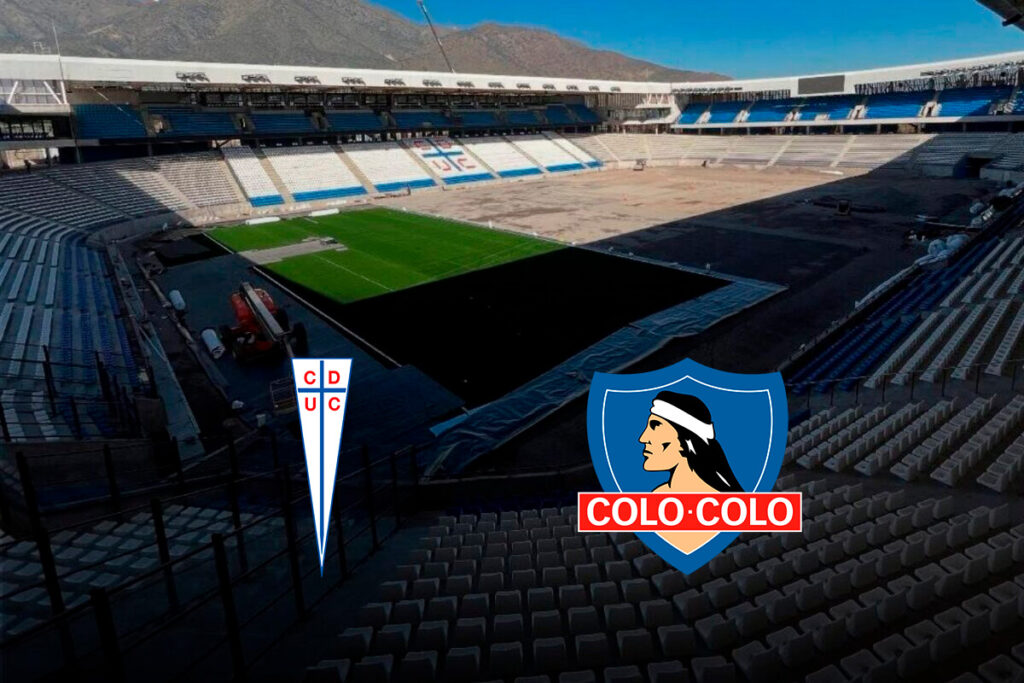 Claro Arena con los escudos de Universidad Católica y Colo-Colo.