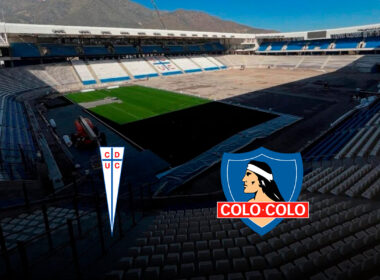 Claro Arena con los escudos de Universidad Católica y Colo-Colo.