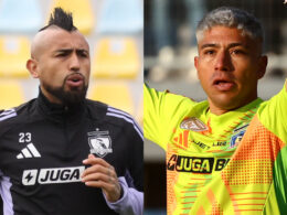 Primer plano de Arturo Vidal y Brayan Cortés con camiseta de Colo-Colo.