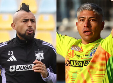Primer plano de Arturo Vidal y Brayan Cortés con camiseta de Colo-Colo.