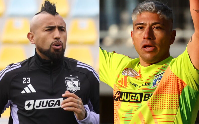 Primer plano de Arturo Vidal y Brayan Cortés con camiseta de Colo-Colo.